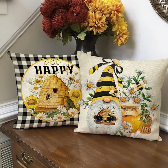 Yellow Bumble Bee Happy Gnome Decorative Throw Pillow Cover 20x20 Set of 4, Fall - Picture 3 of 7